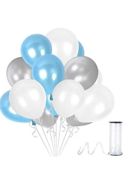 RÖNESANS PARTİ 25 Adet Parti Balonu Açık Mavi - Beyaz - Gümüş Metalik Balon