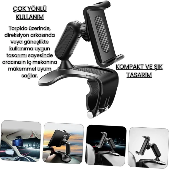Polham 360 Derece Dönebilen Gösterge Paneli Üzeri Telefon Tutucu, Güneşlik ve Gösterge Panel Uyumlu - 2