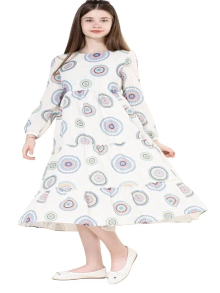 Gülücük Kids G01602-429 Kız Çocuk Keten Desenli Elbise