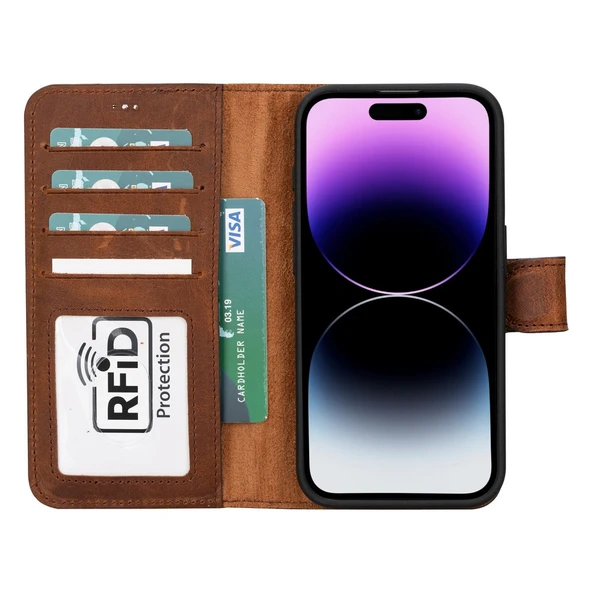 Apple iPhone 15 Pro Uyumlu Deri Cüzdanlı Kılıf MWWN G2 Kahve - 2