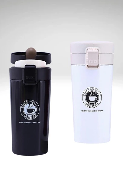 2 Adet Siyah Beyaz İnox Mug Termos 12 Saate Kadar Sıcak Soğuk Tutma Filtreli Çift Katmanlı 380ml - 4