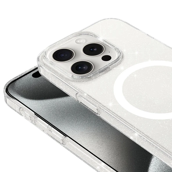 iPhone 15 Pro Max Kılıf Zore M-safe Şarj Özellikli Simli Şeffaf Arka Yüzey Erdos Silikon Kapak - 2