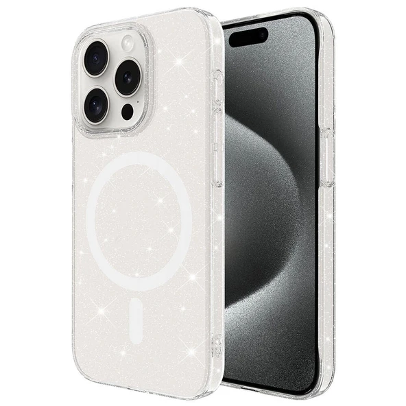 iPhone 15 Pro Kılıf Zore M-safe Şarj Özellikli Simli Şeffaf Arka Yüzey Erdos Silikon Kapak ürün görseli