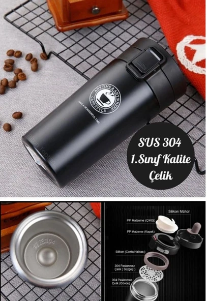 2 Adet Siyah Beyaz İnox Mug Termos 12 Saate Kadar Sıcak Soğuk Tutma Filtreli Çift Katmanlı 380ml - 5