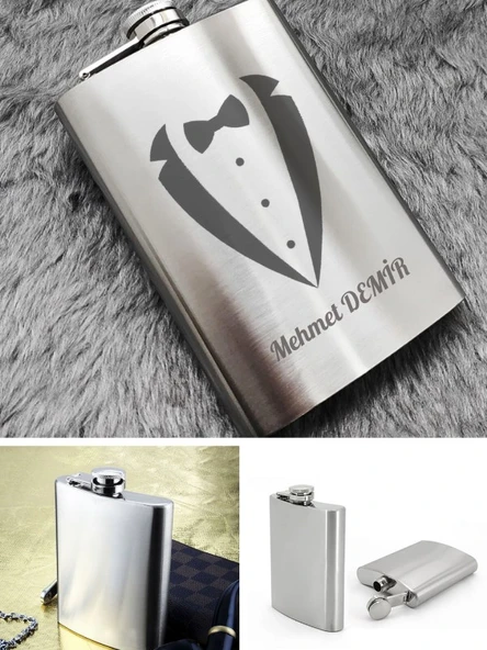 Kişiye Özel Smokin Damat Temalı 9 Oz Çelik Cep Matarası 266 Ml Sevgiliye Hediye - 3