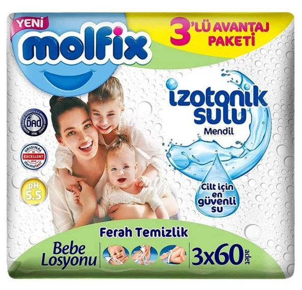 Nessiworld Molfix İzotonik Sulu Ferah Temizlik Islak Havlu Mendil 3'Lü 180 Yaprak - 1