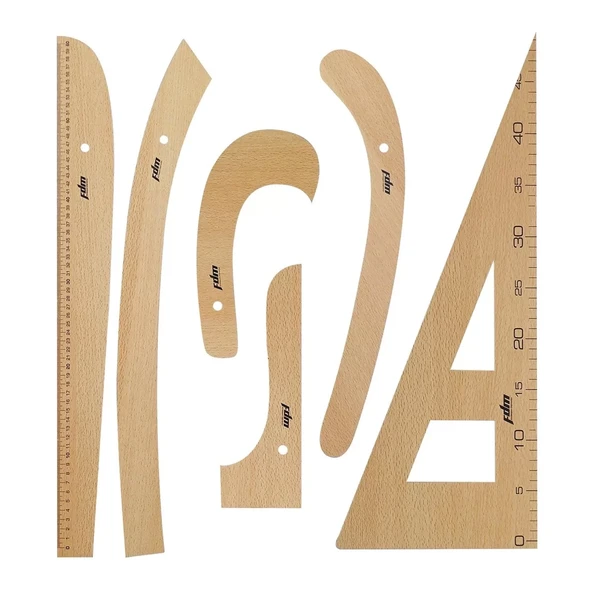 6 Parça Terzi-modelist-Tekstil Ahşap Riga Cetvel Gönye Takımı ürün görseli 1