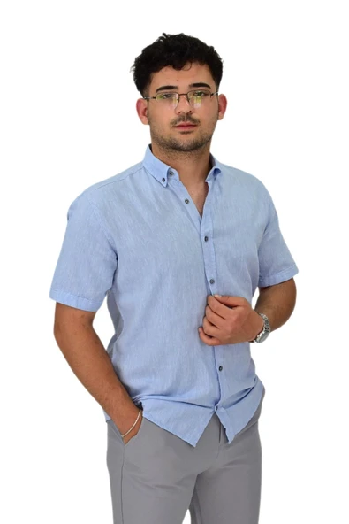 Erkek Pamuklu Yazlık Kısa Kol Gömlek 9664 BGL-ST04595 - Resim 8