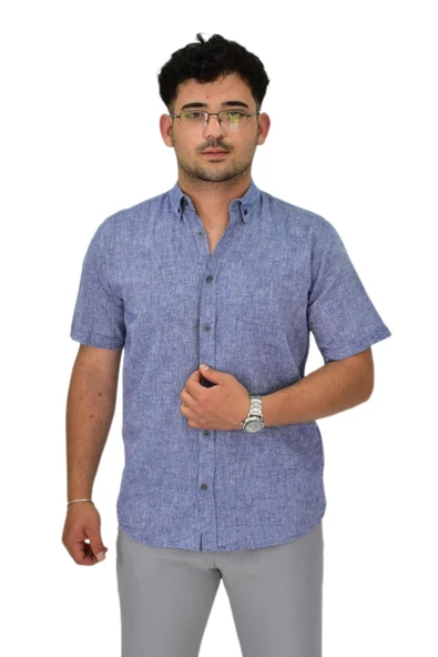 Erkek Pamuklu Yazlık Kısa Kol Gömlek 9664 BGL-ST04595 - Resim 3