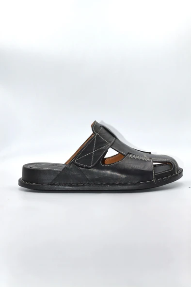 Unisex Siyah Hakiki Deri Burnu Kapalı Sabo Günlük Terlik
