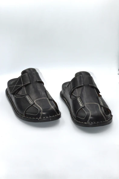 Unisex Siyah Hakiki Deri Burnu Kapalı Sabo Günlük Terlik - 4
