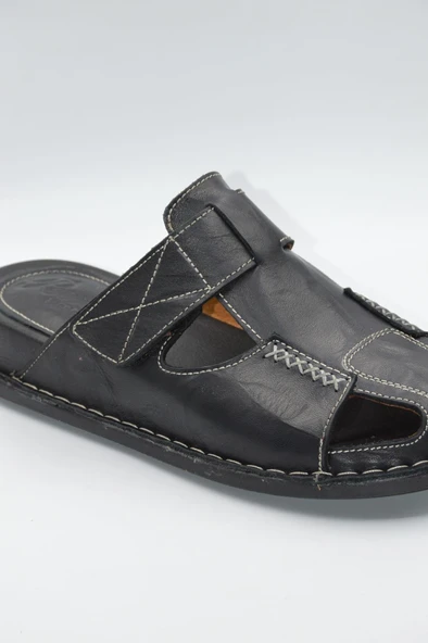 Unisex Siyah Hakiki Deri Burnu Kapalı Sabo Günlük Terlik - 3