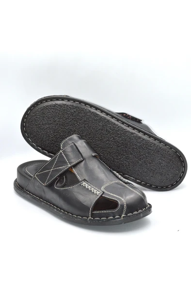 Unisex Siyah Hakiki Deri Burnu Kapalı Sabo Günlük Terlik - 5