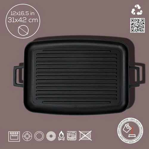Lava Döküm Grill Tepsi, Izgara yüzeyli, Metal Kulplu, 31x42cm - 5