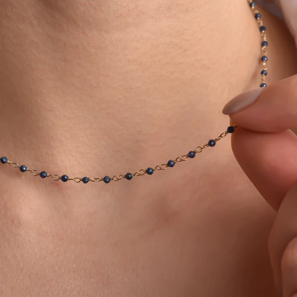 14 Ayar Altın Kaplama Safir Doğal Taş El Yapımı Gümüş Kolye - CNS00626