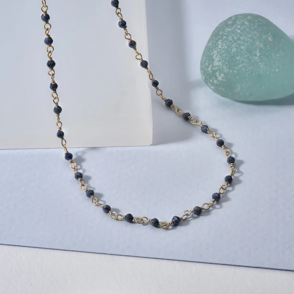 14 Ayar Altın Kaplama Safir Doğal Taş  El Yapımı Gümüş Kolye - CNS00626 - 3