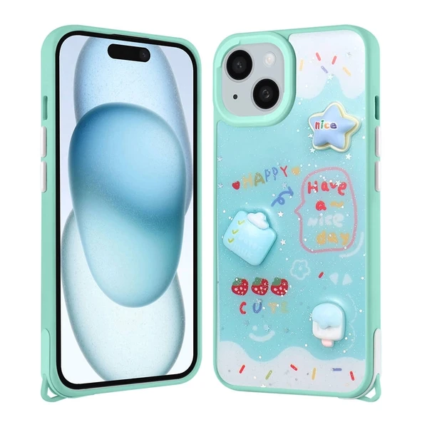 Apple iPhone 15 Plus Kılıf Parlayan Simli Kabartma Figürlü Zore Cevze Kapak