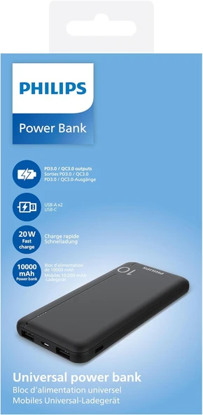 Philips DLP1812PB 10.000 mAh Powerbank 2xUSB-A 2.1A, USB-C Çıkış, PD- Siyah - Resim 3