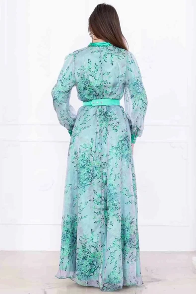 Yaka Bağlama Detaylı Boncuk İşlemeli Şifon Elbise 2735-Yeşil - Resim 7