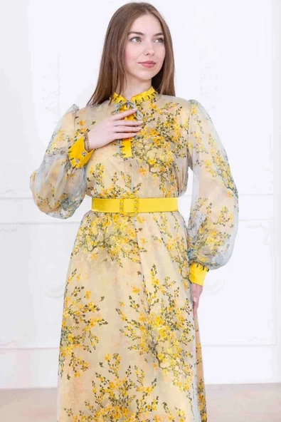 Yaka Bağlama Detaylı Boncuk İşlemeli Şifon Elbise 2735-Sarı - Resim 3