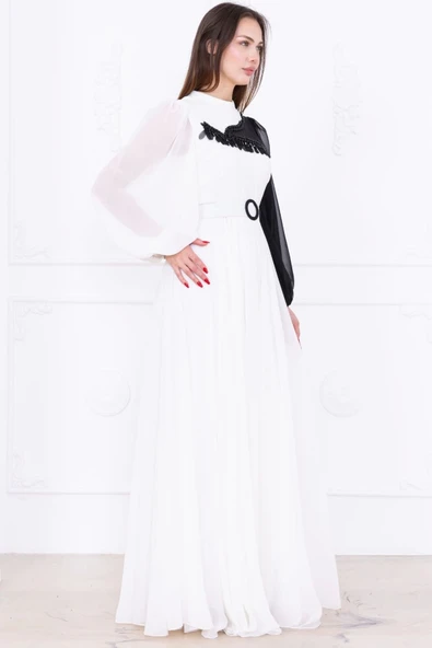 Yaka ve Kol Detaylı Şifon Abiye Elbise 2744-Beyaz - Resim 6