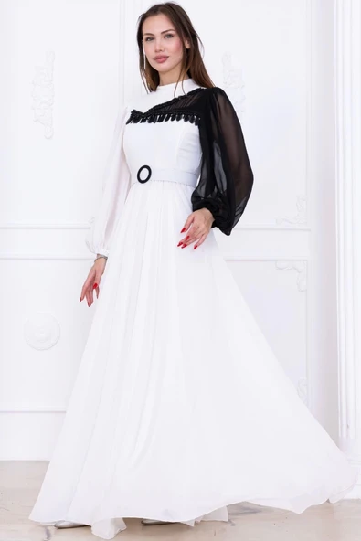 Yaka ve Kol Detaylı Şifon Abiye Elbise 2744-Beyaz - Resim 3