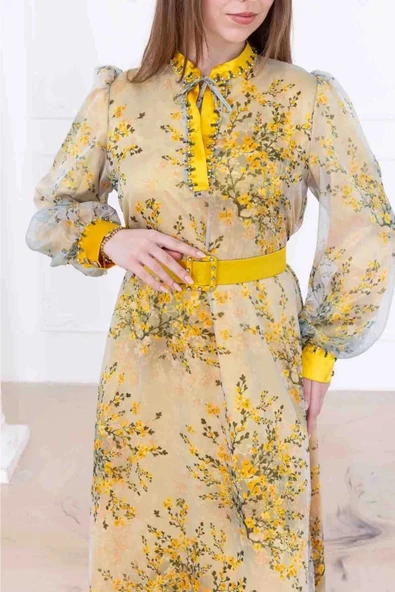 Yaka Bağlama Detaylı Boncuk İşlemeli Şifon Elbise 2735-Sarı - Resim 4