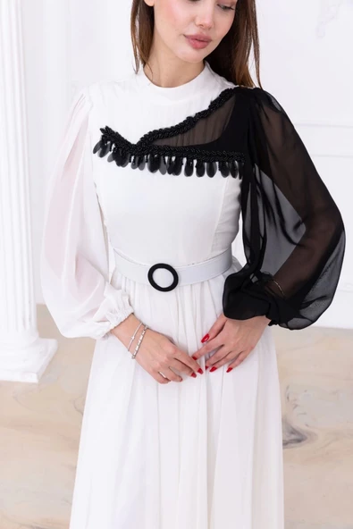 Yaka ve Kol Detaylı Şifon Abiye Elbise 2744-Beyaz - Resim 5