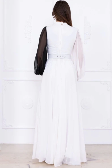 Yaka ve Kol Detaylı Şifon Abiye Elbise 2744-Beyaz - Resim 7