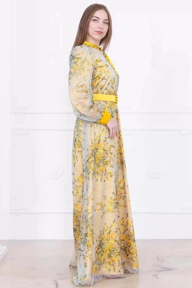 Yaka Bağlama Detaylı Boncuk İşlemeli Şifon Elbise 2735-Sarı - Resim 6