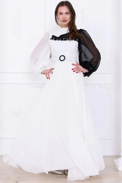 Yaka ve Kol Detaylı Şifon Abiye Elbise 2744-Beyaz - Resim 2