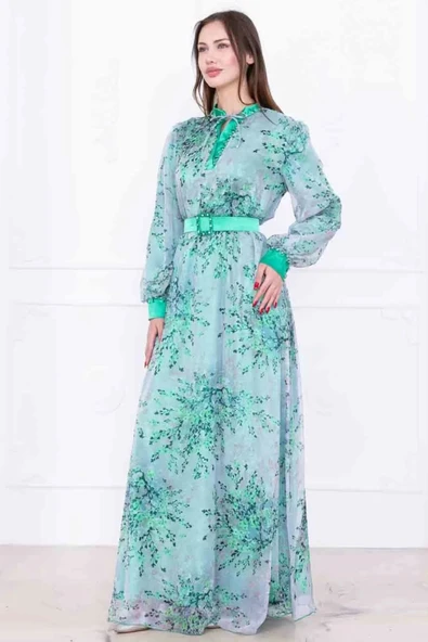 Yaka Bağlama Detaylı Boncuk İşlemeli Şifon Elbise 2735-Yeşil - Resim 6