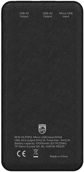 Philips 10.000 mAh Power Bank DLP 1910 Siyah 2 Çıkış - Resim 2