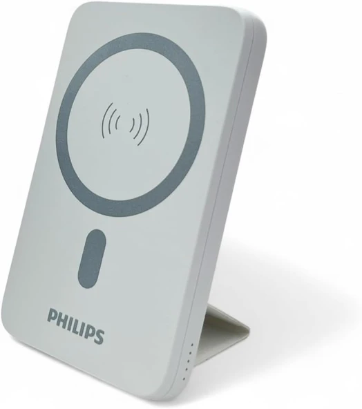PHILIPS MagSafe İle Uyumlu Kablosuz Powerbank, 5000 mAh, Taşınabilir Şarj Cihazı, Stand Özellikli, USB-C ve USB-A Çıkışlı, Hızlı Şarj, Li-Po, DLP9701C, Akım Korumalı (Beyaz)
