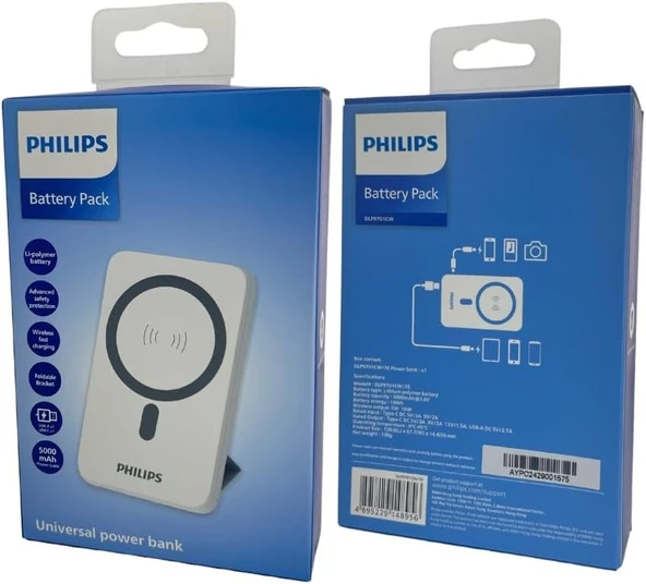 PHILIPS MagSafe İle Uyumlu Kablosuz Powerbank, 5000 mAh, Taşınabilir Şarj Cihazı, Stand Özellikli, USB-C ve USB-A Çıkışlı, Hızlı Şarj, Li-Po, DLP9701C, Akım Korumalı (Beyaz) - Resim 2