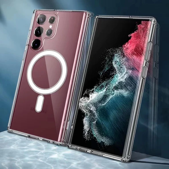 Galaxy S22 Ultra Kılıf Zore M-safe Şarj Özellikli Şeffaf Sert PC Zore Embos Kapak - Resim 7