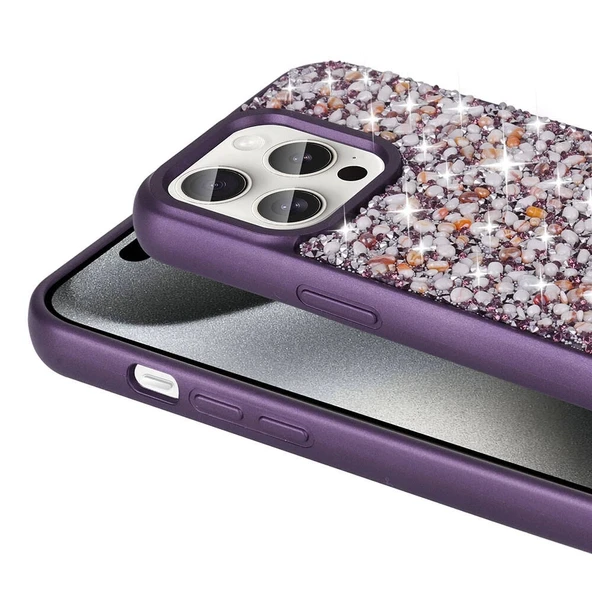 Apple iPhone 15 Pro Kılıf Parlak Taşlı Tasarım Zore Linea Diamond Kapak - Resim 8