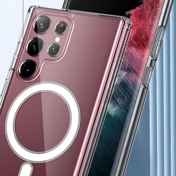 Galaxy S22 Ultra Kılıf Zore M-safe Şarj Özellikli Şeffaf Sert PC Zore Embos Kapak - Resim 4