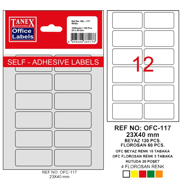 Tanex Ofis Etiketi Poşetli 23x40 MM Beyaz OFC-117 (10 lu paket) - Resim 2