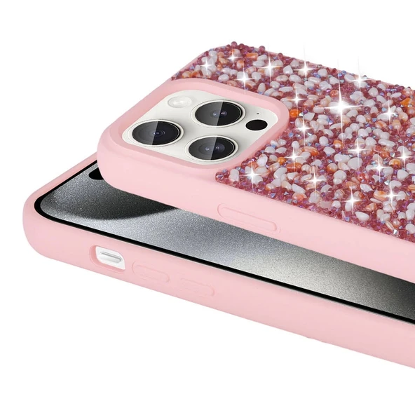 Apple iPhone 15 Pro Kılıf Parlak Taşlı Tasarım Zore Linea Diamond Kapak - Resim 4