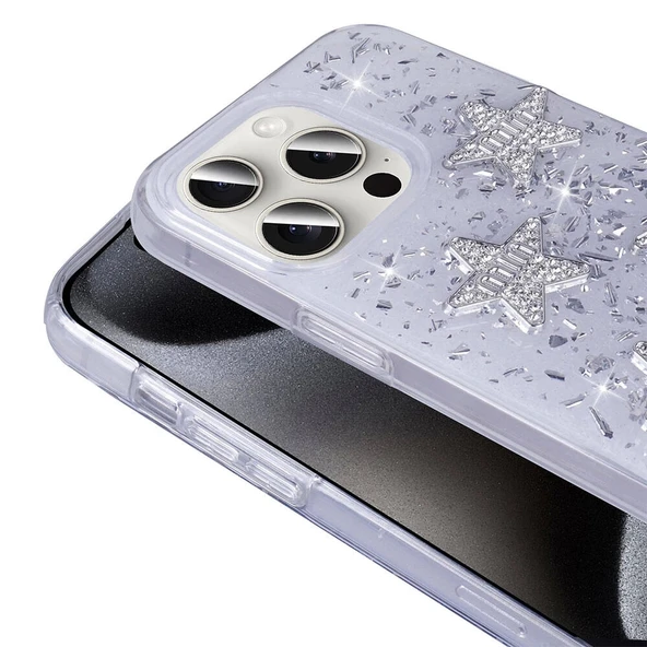 Apple iPhone 15 Pro Max Kılıf Airbagli Simli Arka Yüzey Zore Işıltı Silikon Kapak - Resim 9