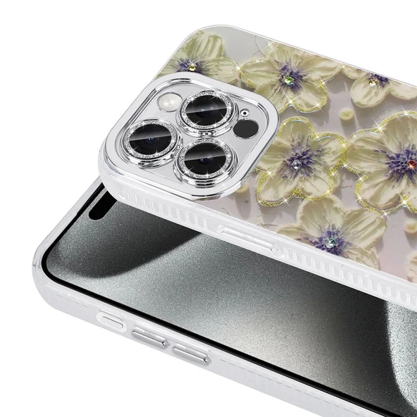 Apple iPhone 14 Pro Max Kılıf Çiçek Desenli Parlak Taşlı Sert Silikon Zore Garden Kapak - 8