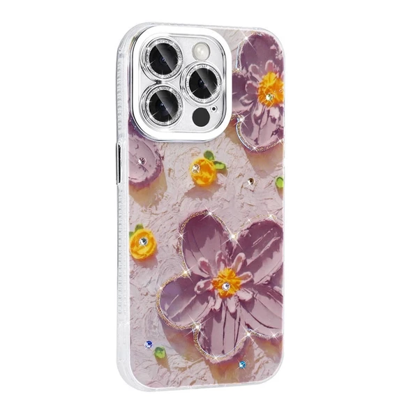 Apple iPhone 14 Pro Max Kılıf Çiçek Desenli Parlak Taşlı Sert Silikon Zore Garden Kapak - 3