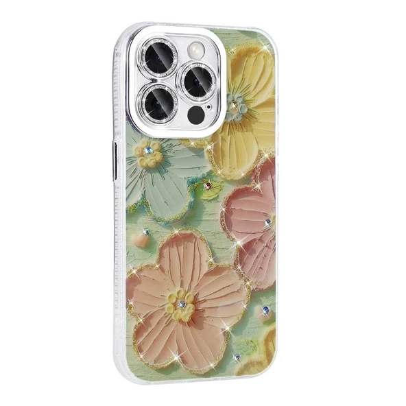 Apple iPhone 14 Pro Max Kılıf Çiçek Desenli Parlak Taşlı Sert Silikon Zore Garden Kapak - 5