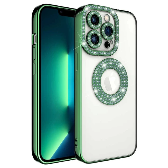 Apple iPhone 12 Pro Max Kılıf Kamera Korumalı Taş Süslemeli Arkası Şeffaf Zore Asya Kapak