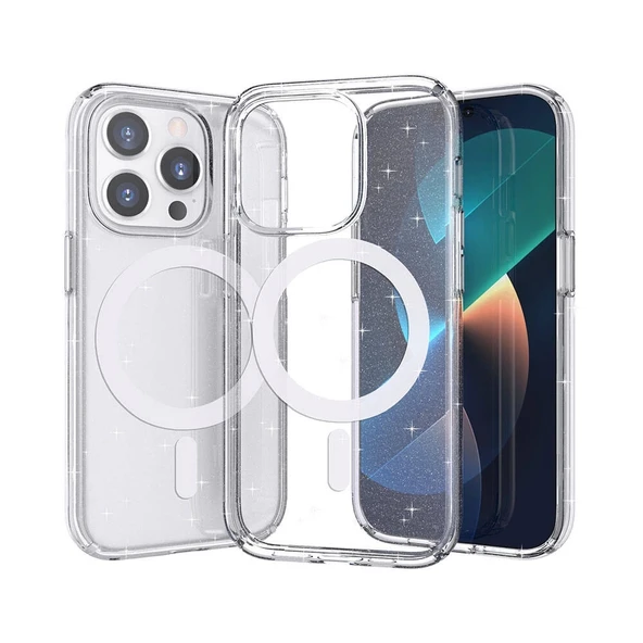Apple iPhone 14 Pro Kılıf M-safe Şarj Özellikli Parlayan Simli Saydam Renkli Zore Allstar Kapak