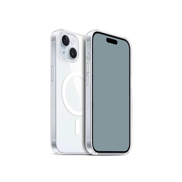 Apple iPhone 15 Kılıf M-safe Şarj Özellikli Şeffaf Sert PC Zore Embos Kapak