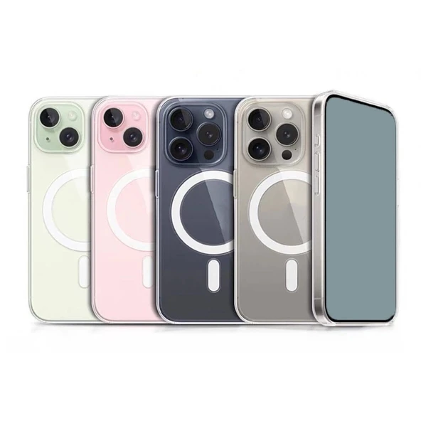 Apple iPhone 15 Plus Kılıf M-safe Şarj Özellikli Şeffaf Sert PC Zore Embos Kapak - Resim 5