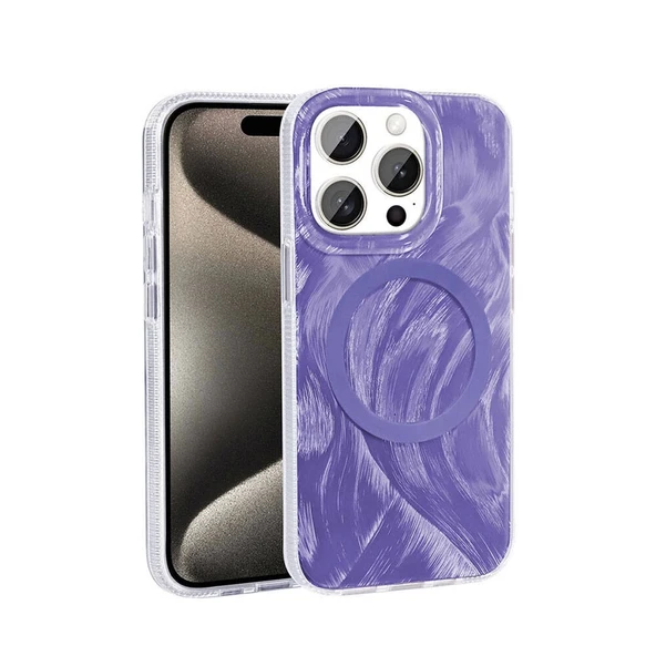 Apple iPhone 15 Pro Max Kılıf M-safe Şarj Özellikli Fırça Boya Desenli Zore Palet Kapak