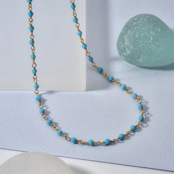 14 Ayar Altın Kaplama Turkuaz Renkli Doğal Taş  El Yapımı Gümüş Kolye - CNS00627 - 2